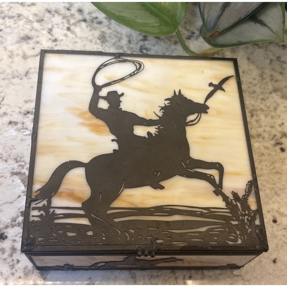 Vintage Western Slag Glass Trinket Jewelry Box Metal Overlay Buckaroo Motif